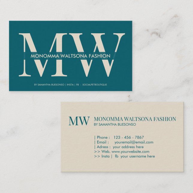 Chic green ivory monogram lettering name business card (Front/Back)