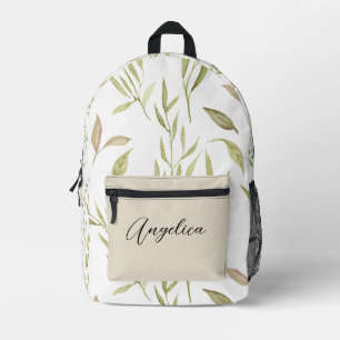 CHIC GREEN LEAVES FLORAL PATTERN CUSTOM NAME PRINTED BACKPACK