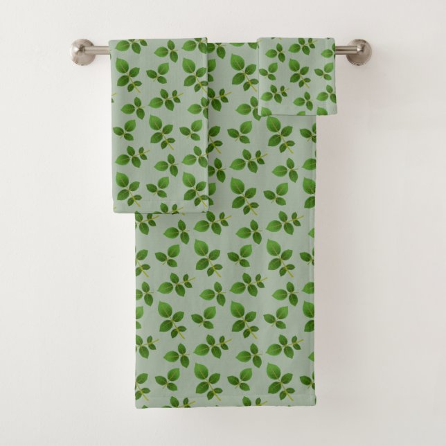 Chic Green Leaves on Laurel Green Bath Towel Set (Insitu)