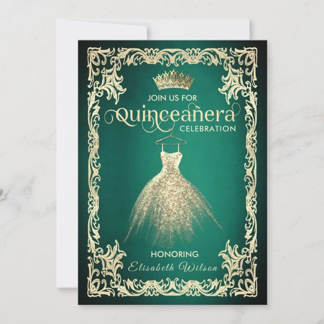 Chic green luxury gold dress tiara Quinceañera   I Invitation (Front)