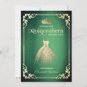 Chic green luxury gold dress tiara Quinceañera   I Invitation