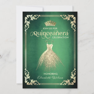 Chic green luxury gold dress tiara Quinceañera I Invitation