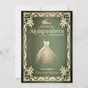 Chic green luxury gold dress tiara Quinceañera Invitation