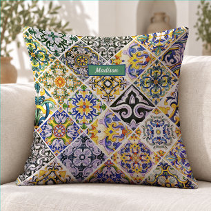 Chic Green Mediterranean Sicilian Tile Pattern Cushion