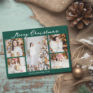 Chic Green Merry Christmas Family Photo Collage Holiday Card