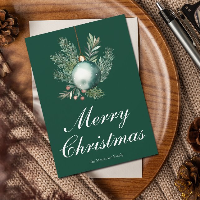 Chic Green Merry Christmas Ornament Non Photo Holiday Card (Creator Uploaded)