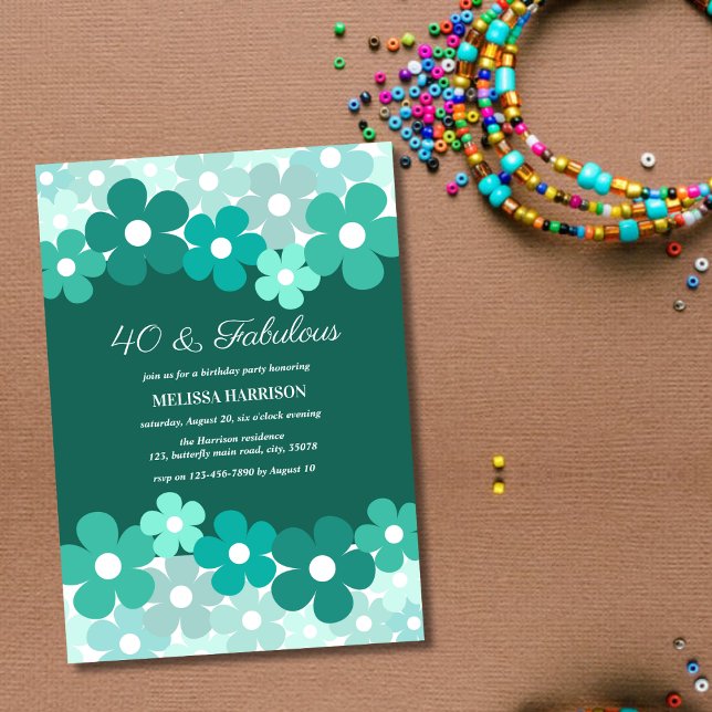 Chic Green Mint Flower 40 Fabulous Birthday Invitation (Creator Uploaded)