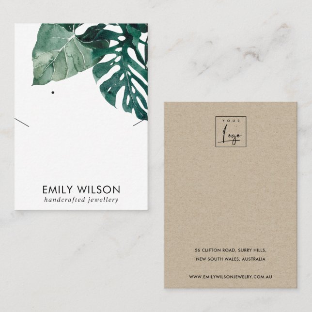  CHIC GREEN MOSTERA FAUNA NECKLACE EARRING DISPLAY BUSINESS CARD (Front/Back)