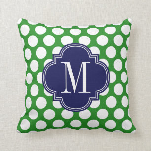 Chic Green & Navy Big Dots Monogrammed Cushion