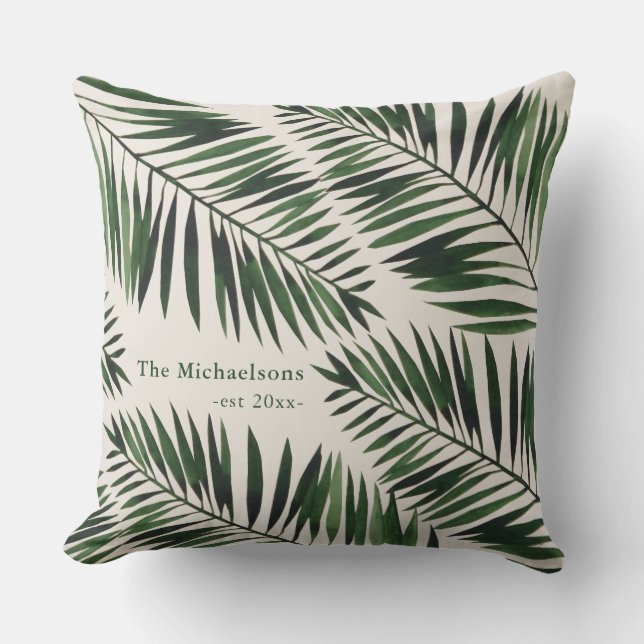 Chic Green Palm Leaves on Natural Colour Cushion (Front)