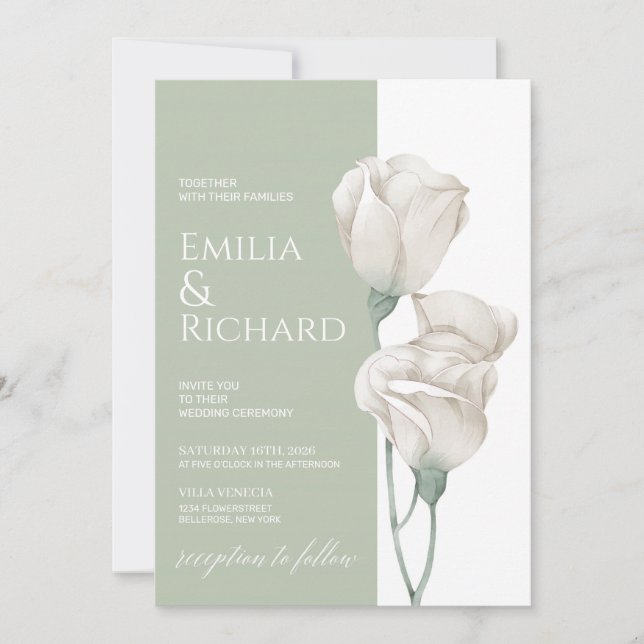 Chic green pastel powder white floral wedding invitation (Front)