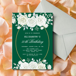Chic Green Pastel White Rose Greenery Birthday Invitation