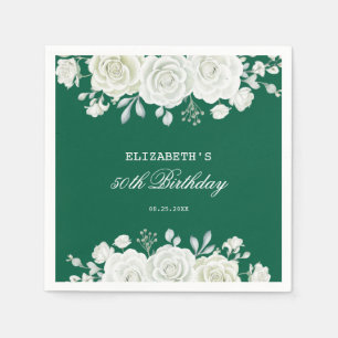 Chic Green Pastel White Rose Greenery Birthday Napkin