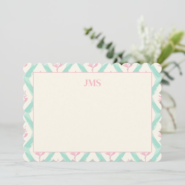 Chic Green Pattern Monogram Stationary Card (Standing Front)