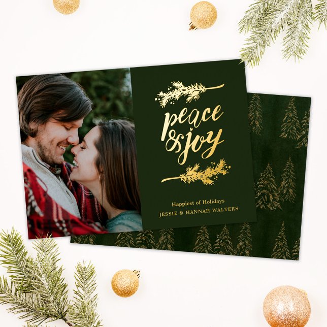 Chic Green Peace & Love Photo Foil Holiday Card (Creator Uploaded)