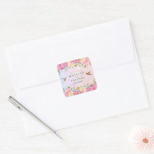 Chic Green & Pink Delicate Watercolor Floral Square Sticker
