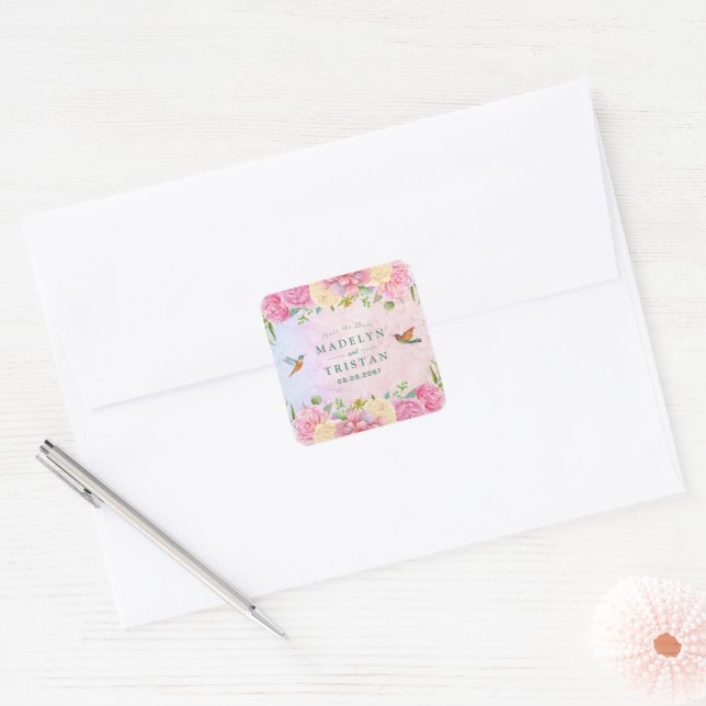  Chic Green & Pink Delicate Watercolor Floral Square Sticker (Envelope)