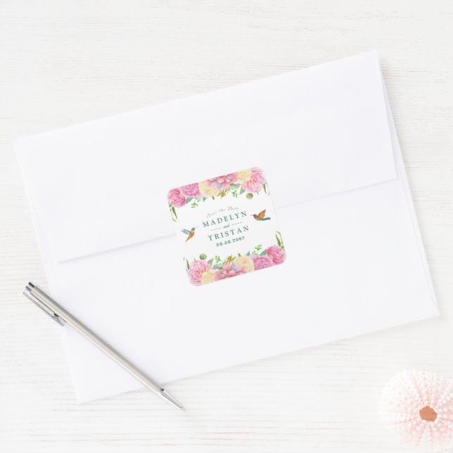  Chic Green & Pink Floral Delicate Watercolor  Square Sticker (Envelope)