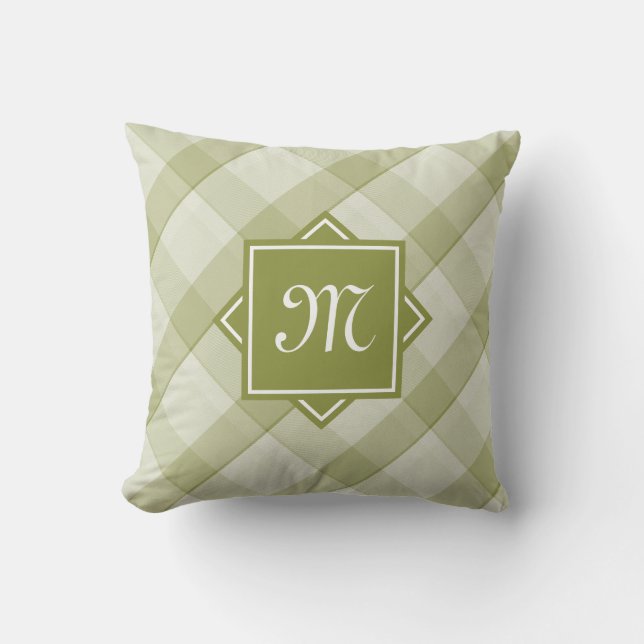 Chic Green Plaid With Modern Diagonal Monogram Cushion (Front)