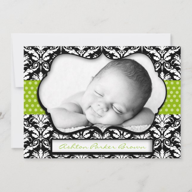 Chic Green Polka Dot Damask Birth Announcement (Front)