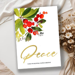 CHIC GREEN RED BERRIES WATERCOLOR CHRISTMAS PEACE HOLIDAY CARD