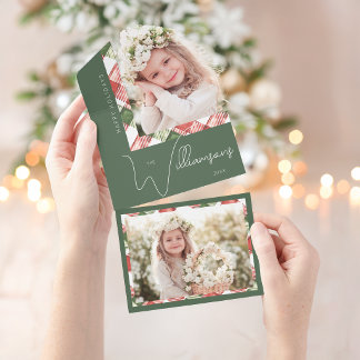 Chic Green/Red Christmas Plaid Border Photo All In One Invitation