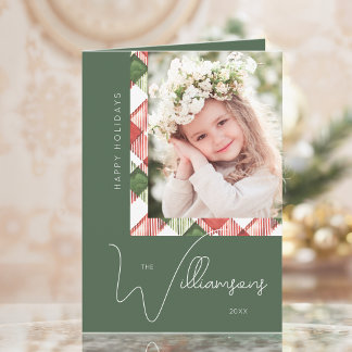 Chic Green/Red Christmas Plaid Border Photo Holiday Card