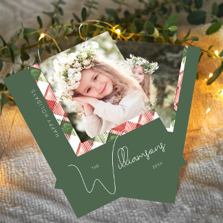 Chic Green/Red Christmas Plaid Border Photo Holiday Card
