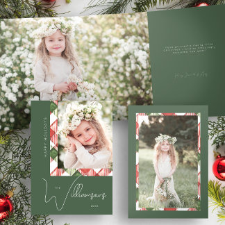 Chic Green/Red Christmas Plaid Border Photo Tri-Fold Card