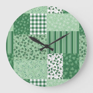 Chic Green Shamrocks Faux Patchwork Wall Clock