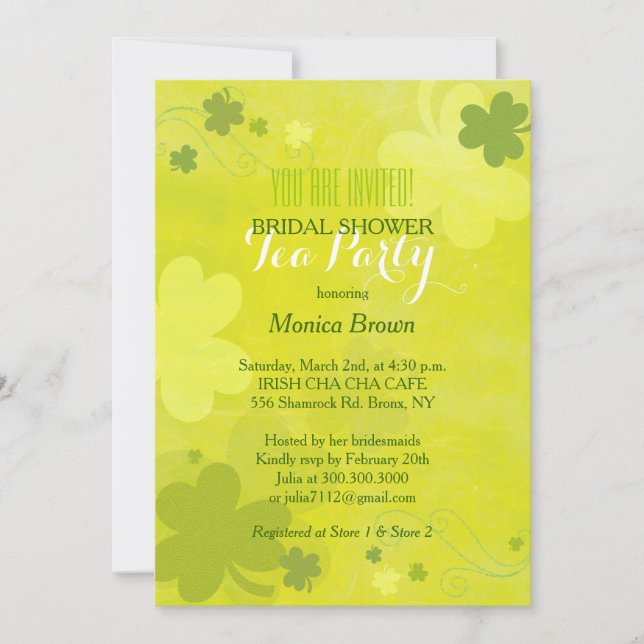 Chic Green Shamrocks Irish Bridal Shower Tea Party Invitation (Front)