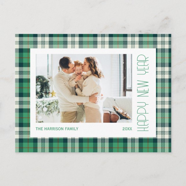 Chic Green Tartan Plaid Happy New Year Photo Postcard (Front)