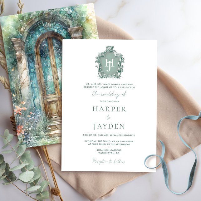 Chic Green, Teal, Blue Watercolor Monogram Wedding Invitation (Creator Uploaded)