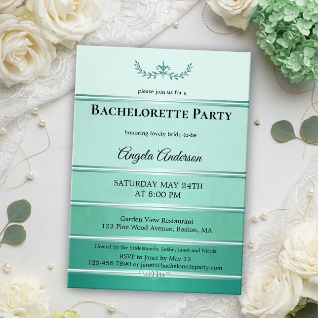 Chic Green Tone on Tone Striped Bachelorette Invitation (Bachelorette party invitation featuring a painted green tone on tone striped design with silver)