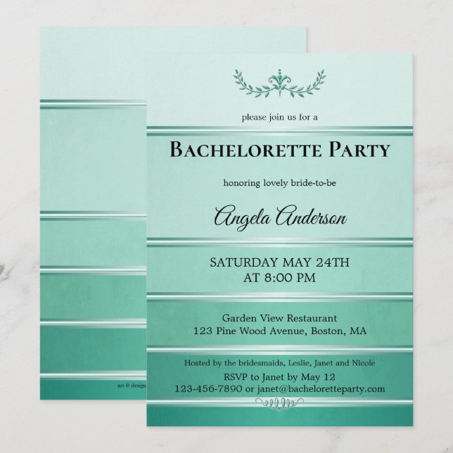 Chic Green Tone on Tone Striped Bachelorette Invitation (Front/Back)