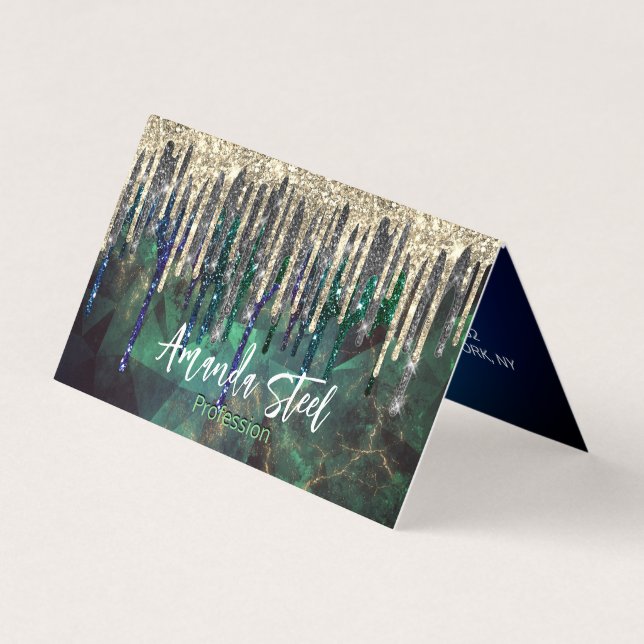 Chic green turquoise gold glitter drips monogram business card (Front)