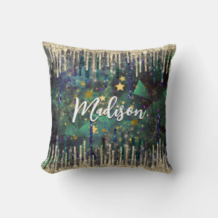Chic green turquoise gold glitter drips monogram cushion