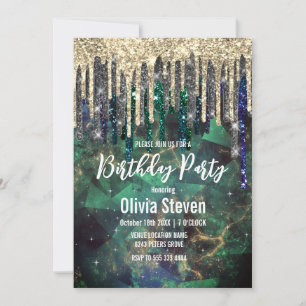 Chic green turquoise gold glitter drips monogram invitation