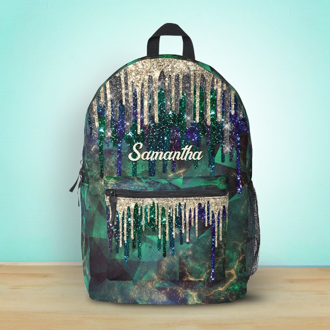 Chic green turquoise gold glitter drips monogram  printed backpack (Creator Uploaded)
