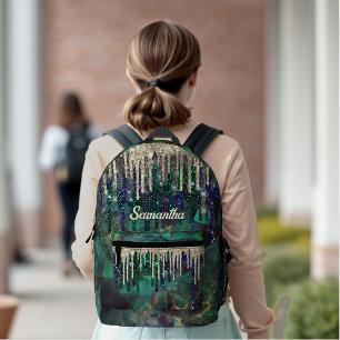 Chic green turquoise gold glitter drips monogram printed backpack