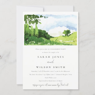Chic Green Watercolor Countryside Hills Engagement Invitation