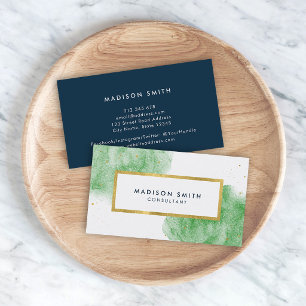 Chic Green Watercolor Faux Gold Business Card