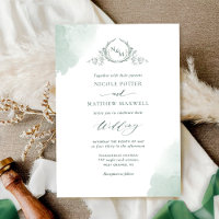 Chic Green Watercolor Stains, Monogram Wedding