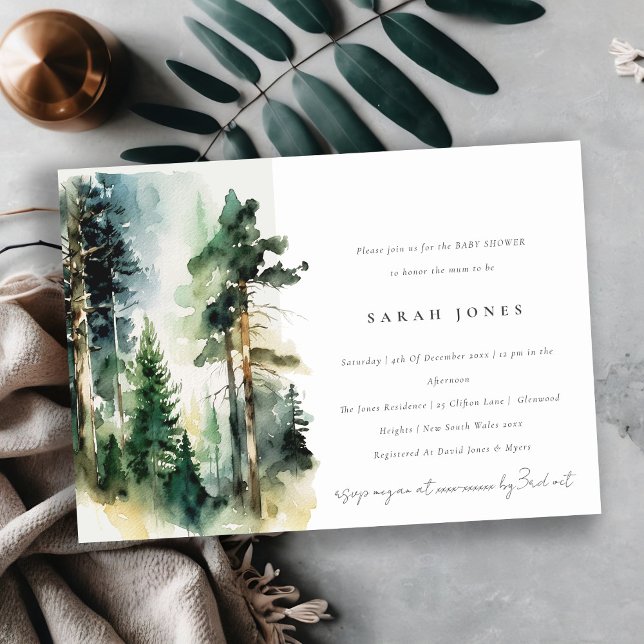 Chic Green Watercolor Woodland Forest Baby Shower Invitation (Creator Uploaded)