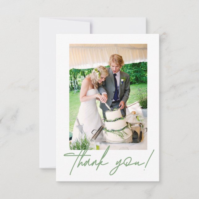 Chic Green Wedding Photo Thank you Handlettering  Card (Front)