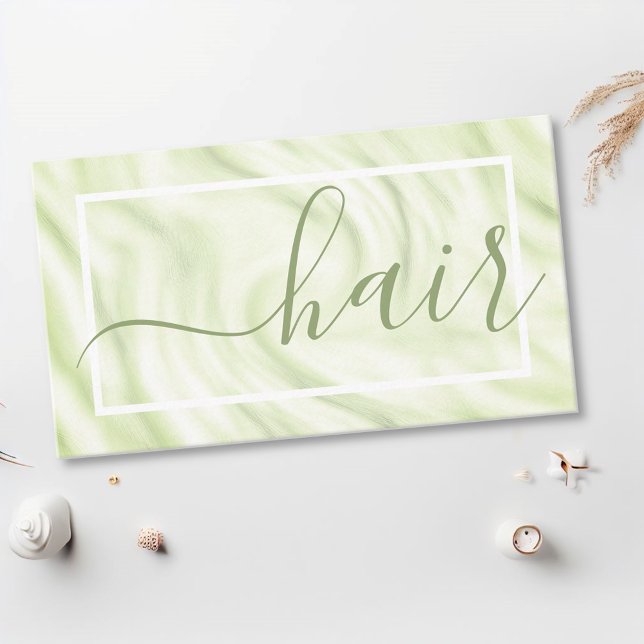 Chic Green White Calligraphy Name Signature Hair Business Card (Creator Uploaded)