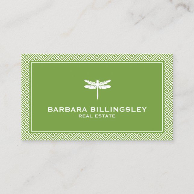 Chic Green/White Dragonfly Realtor, Designer Business Card (Front)