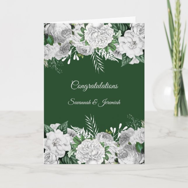 Chic Green White Floral Congratulations Wedding Card (Front)