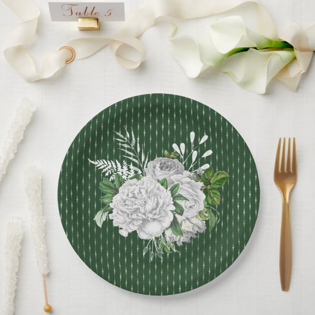 Chic Green White Roses Floral Paper Plate (Wedding)