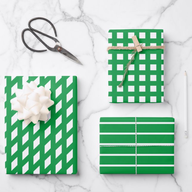 Chic green white stripes plaid grid pattern modern wrapping paper sheet (Front)